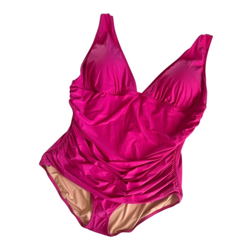 J.Crew Radiant Fuchsia Ruched V-Neck One Piece Swimsuit Women's Size 22 NWT